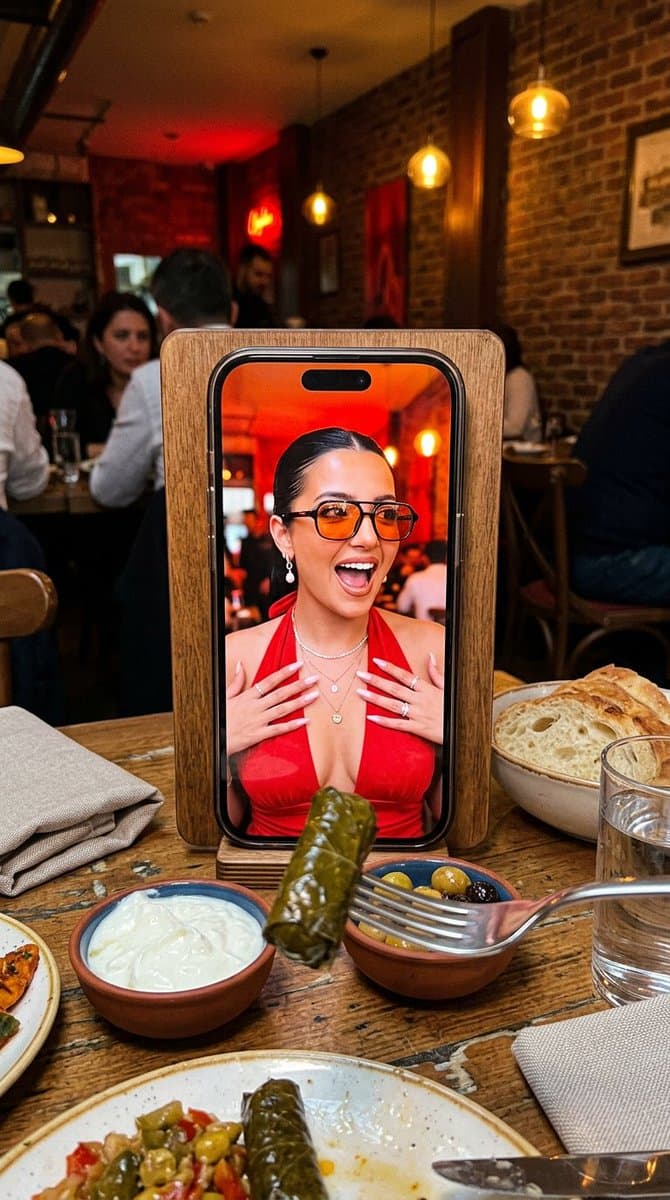 レストランのテーブルに置かれたスマホ越しのメタ写真