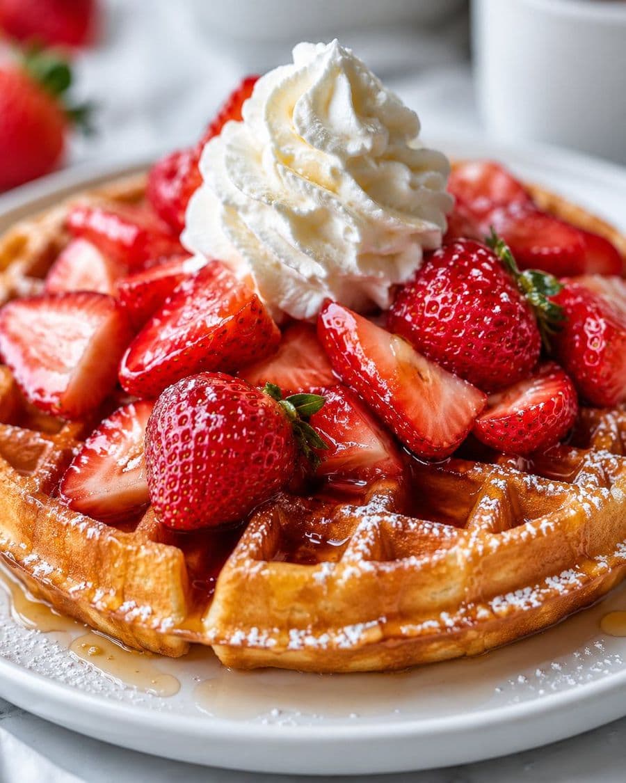 Fotografía de un apetitoso gofre con fresas