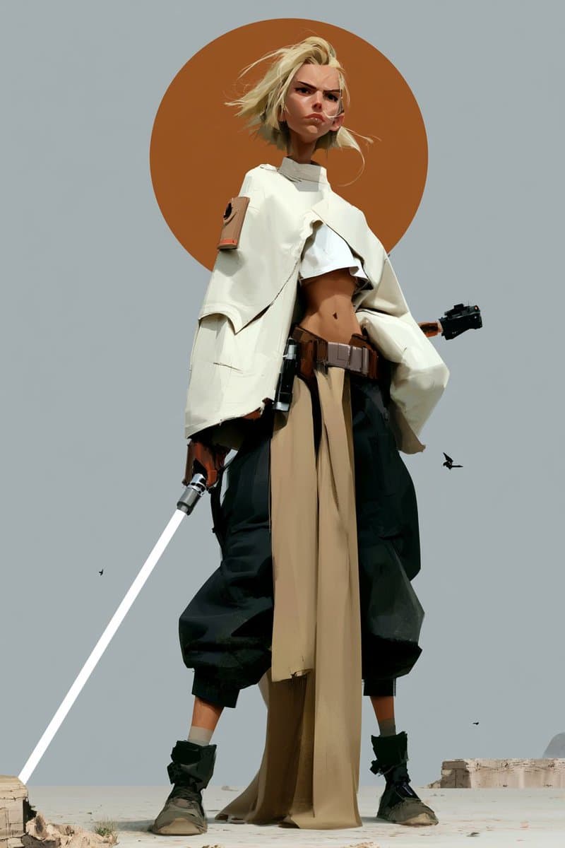 Futuristisches Porträt einer Jedi-Kriegerin in der Wüste