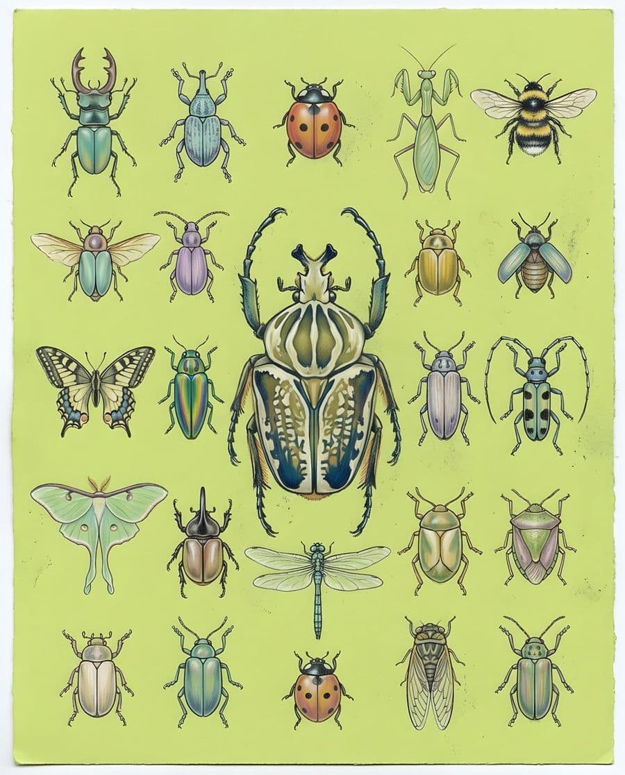 Pastellkreide-Insekten-Knolling