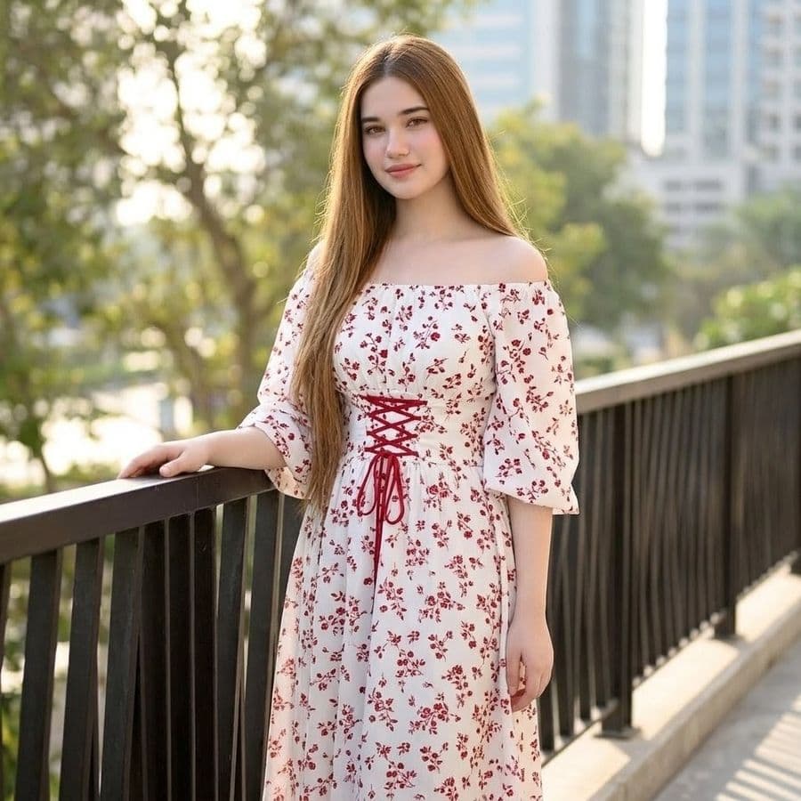 ภาพถ่ายพอร์ตเทรตชุดเดรสลายดอกไม้กลางแจ้ง
