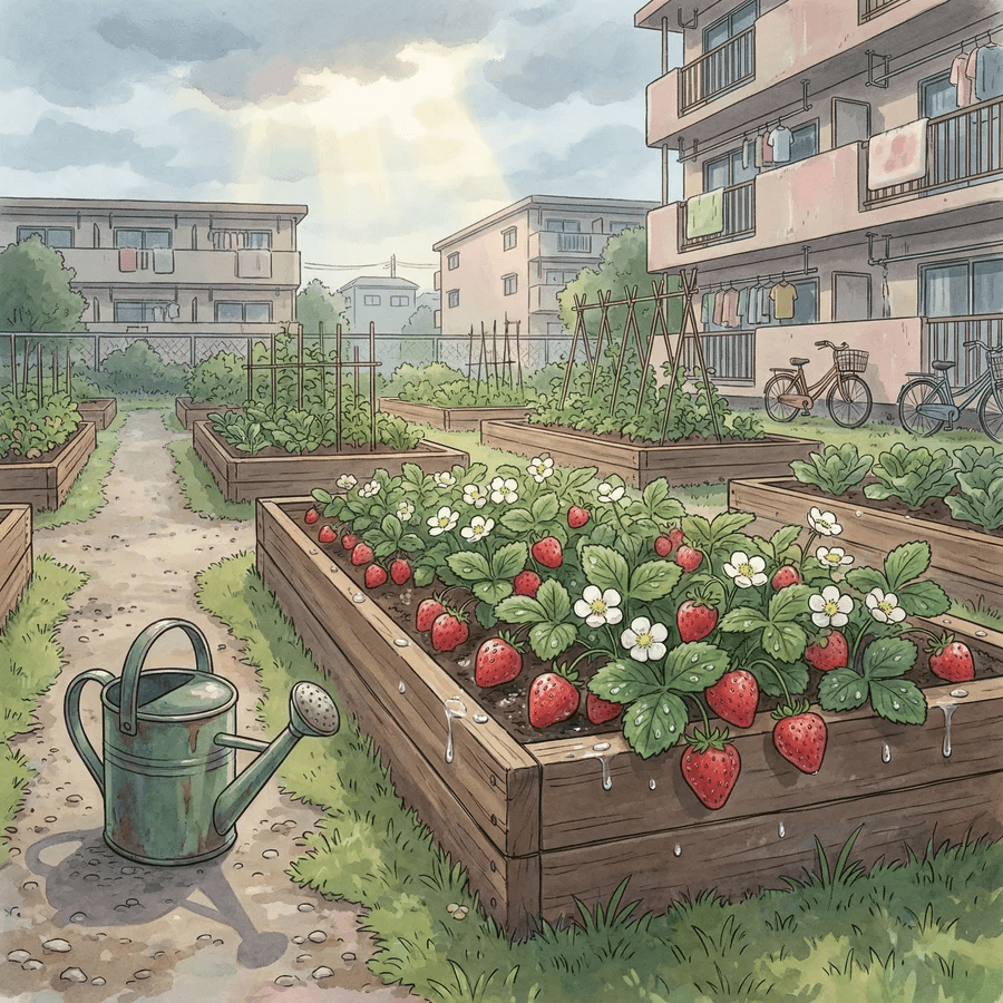 都会の庭園のアニメ風イラスト