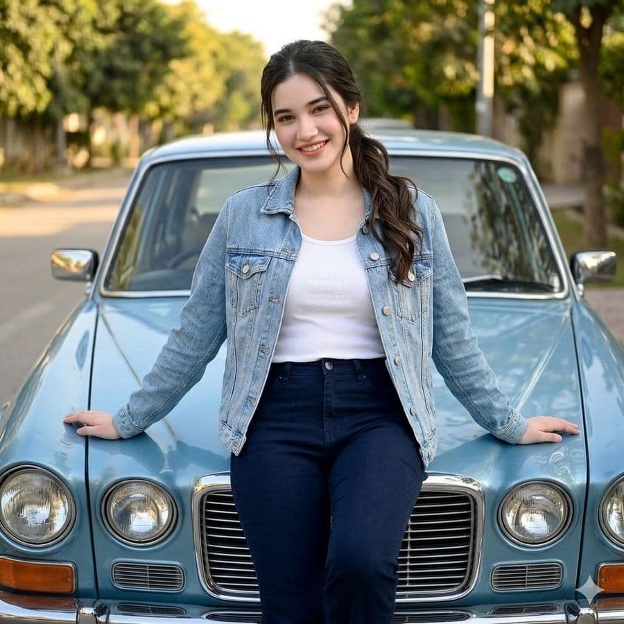 Frau lehnt an einem blauen Oldtimer