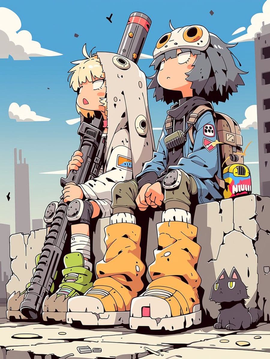 Bambini cercatori post-apocalittici in stile anime