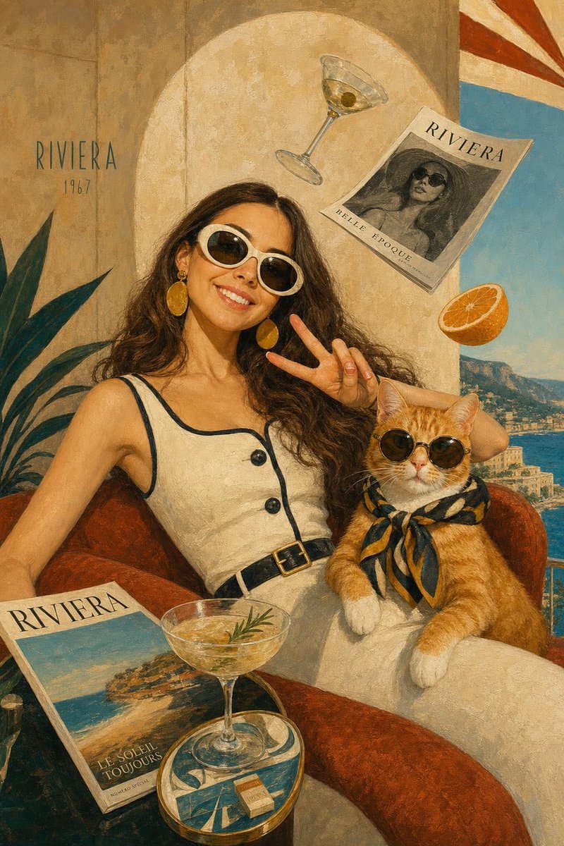 Illustration éditoriale surréaliste style Riviera des années 1960