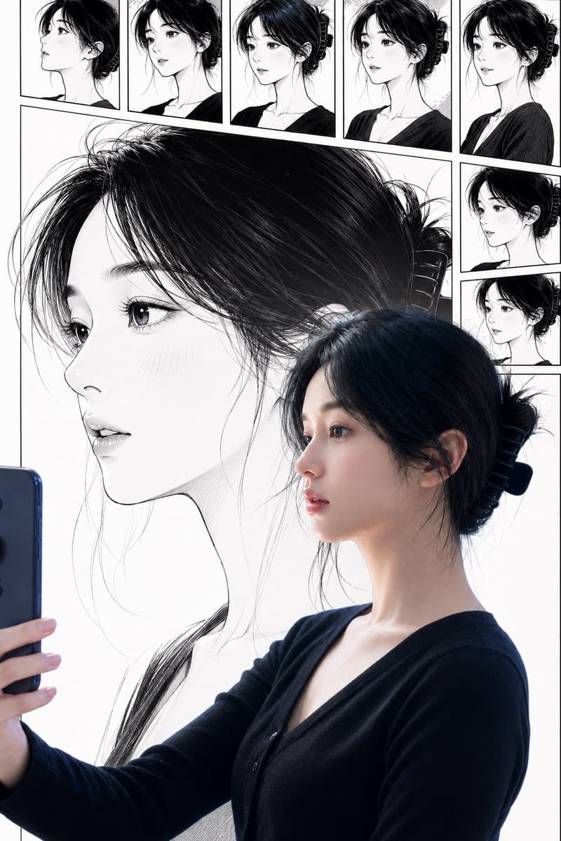 실제 여성과 만화 캐릭터가 함께하는 셀카