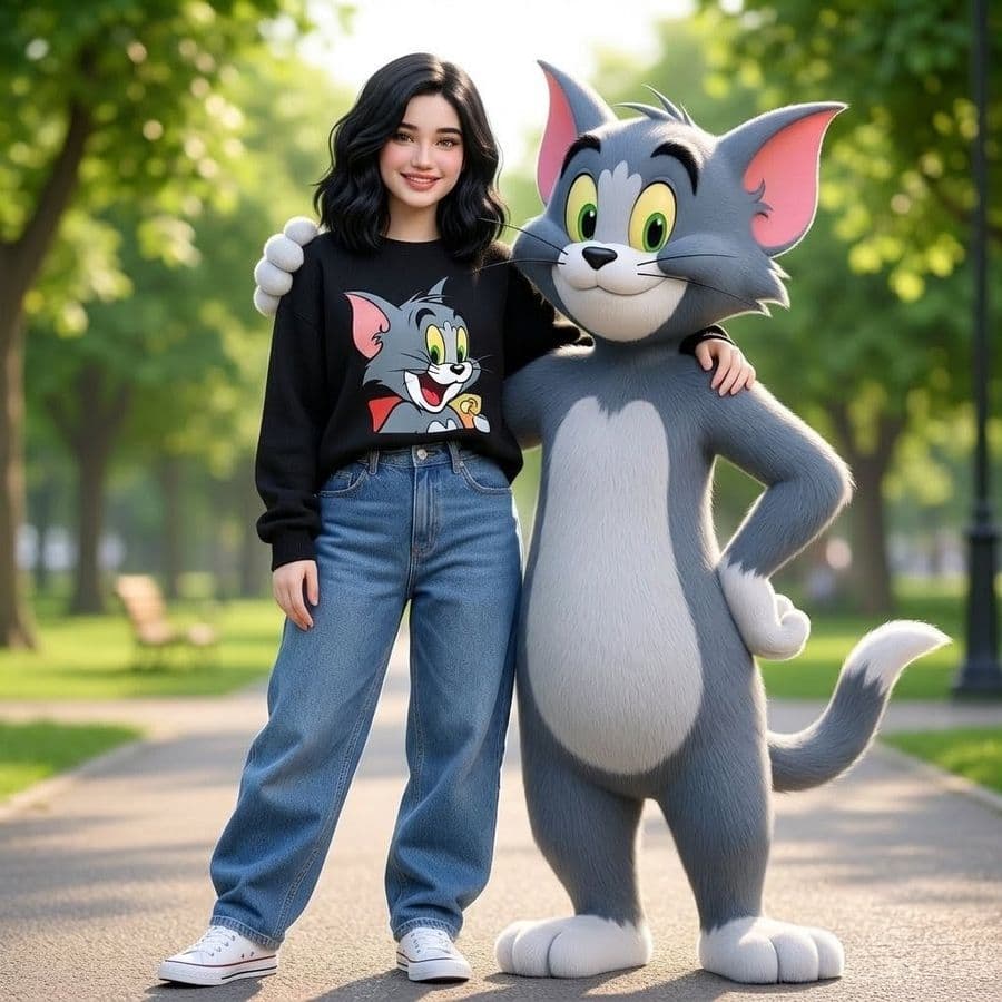 Femme posant avec un chat Tom grandeur nature
