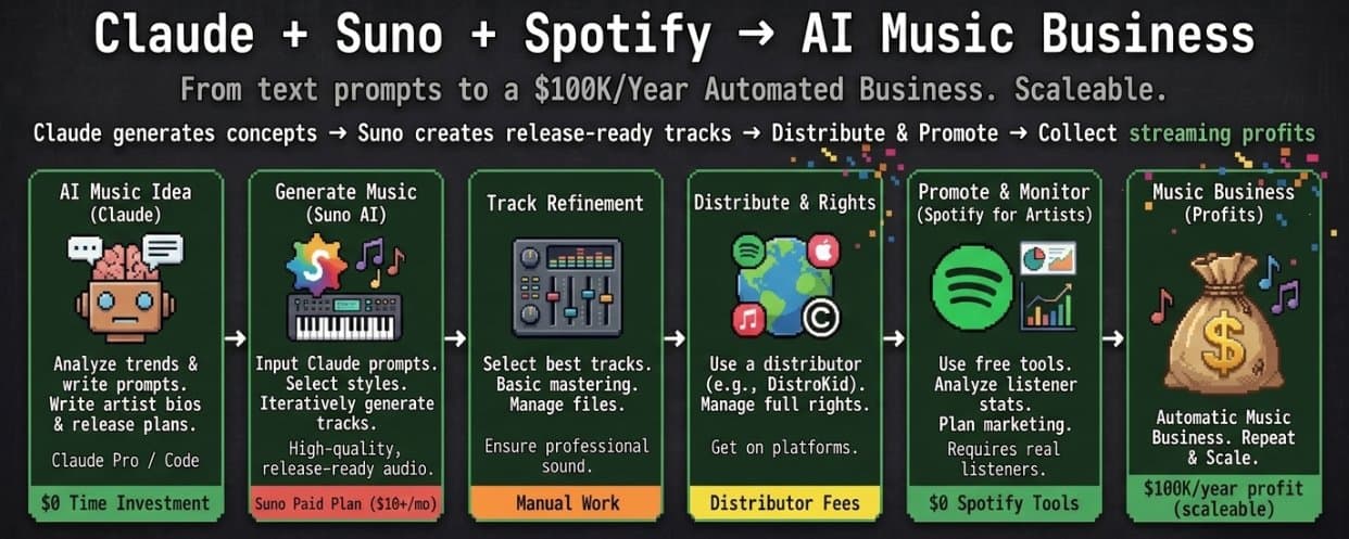 Claude + Suno + Spotify: A Detailed Step-by-Step Setup to Build a $100K/Year Automated Music Business