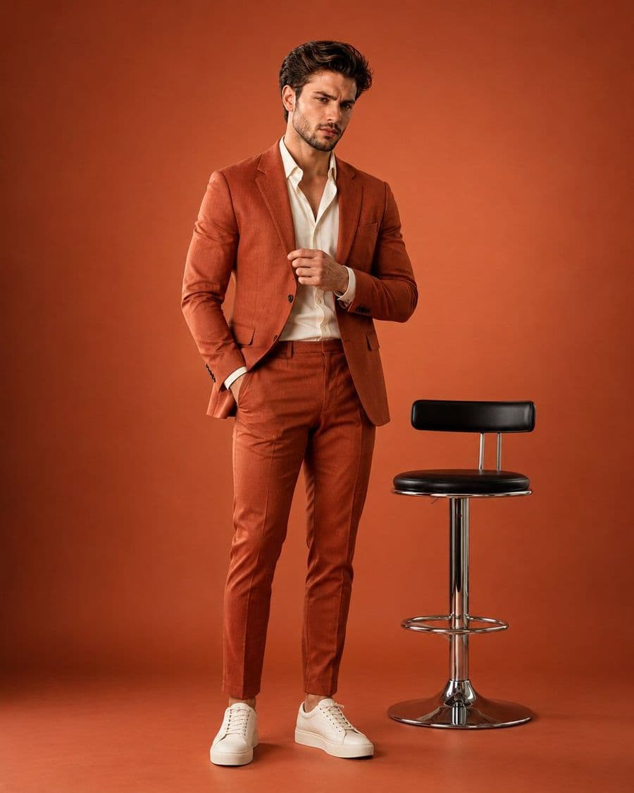 Retrato de editorial de moda en taburete